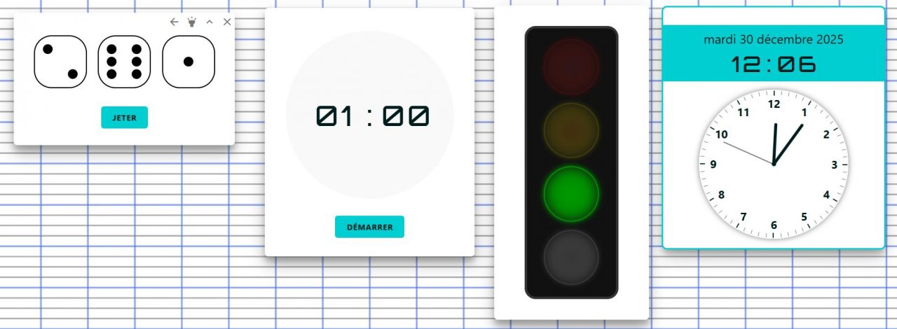 Un chronomètre, un feu vert, des dés, une horloge... quelques outils présents dans Digiscreen